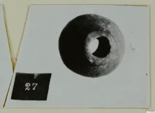 Dark ring-shaped object with a central hole, photographed on a white card beside a black number label