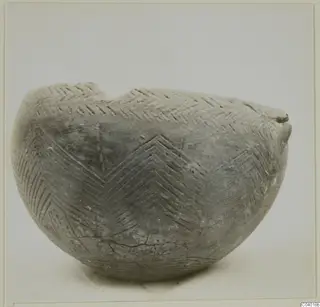 Pottery Red Polished III bowl from Lapithos with incised chevron and herringbone decoration