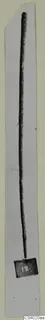 Long, slender metal tool photographed upright on a pale card strip.