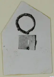 Two bronze objects, a corroded ring and a small rectangular plate with a loop, photographed on a card