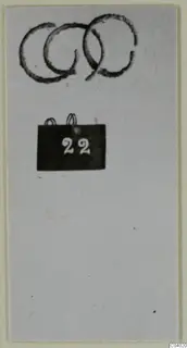 Three dark overlapping ring-shaped marks above a small black number label on a grey card