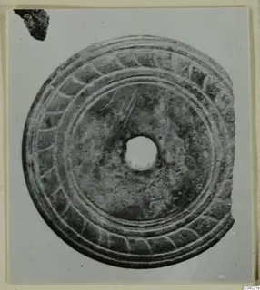 Disc-shaped object with a central hole and a ridged, segmented rim, photographed face-on