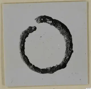 Single dark, corroded metal ring with an open gap and tapering ends, photographed on a pale card mount