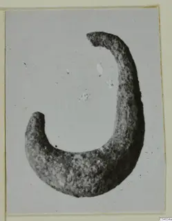 Crescent-shaped metal object with tapering ends and a pitted surface, shown in a photograph mounted on a card.