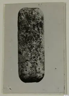 Elongated object with rounded corners and a pitted, speckled surface, photographed on a grey card