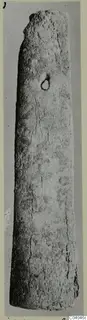 Long tapering bone object with a small hole near the upper end, photographed upright against a grey background