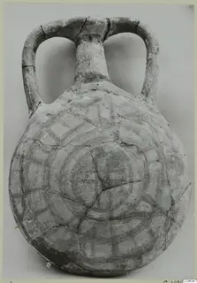 Pottery White Painted IV-V flask with two loop handles, a short neck and dark concentric circle and band painting