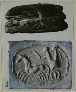 Dark scarab-shaped seal in stone above an oval seal impression with incised design, on a mounted photograph.
