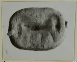 Enlarged photograph of a stone seal (glyptic) from Idalion, rounded shape with a dark band across the middle