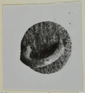 Round metal object with a raised curved rim and pitted dark surface, shown as a photograph on a card mount