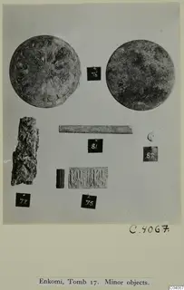 Small finds from Enkomi Tomb 17: two round metal discs, a metal rod, a cylinder seal and its impression, each marked with a numbered card.