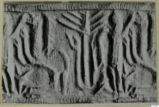 Enlarged photograph of an engraved glyptic surface from Enkomi Tomb 17, with vertical figures and a rounded animal-like shape