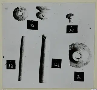 Bone objects from Enkomi, including ring-shaped pieces and two long tubular pieces, with number labels.