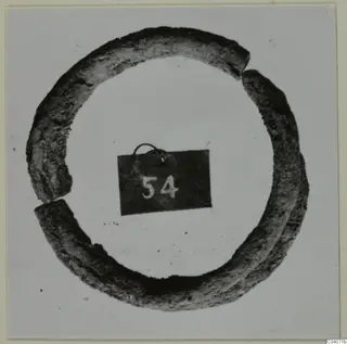 Ring-shaped find with a dark, rough surface and a small number label hanging at its centre.