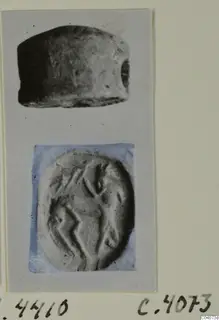 Photo mount showing a stone seal from the side and its oval impression, labelled Glyptic