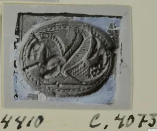 Oval seal or gem with a carved creature-like design and dotted border, shown on a grey photo mount
