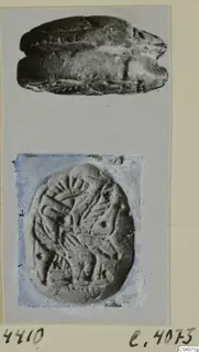 Two photographs of a stone seal: a scarab-shaped back above and an engraved oval base below, mounted on grey card