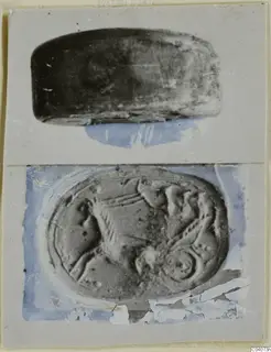 Two photographs of a stone seal: a side view above and its oval face with a raised animal design below