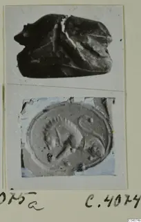 Two photographs of glyptic finds: a dark stone seal and an impression of a seal showing an animal figure