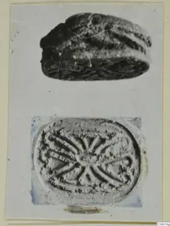 Two photographs of a stone scarab seal: the rounded back in side view and the flat base with an incised design