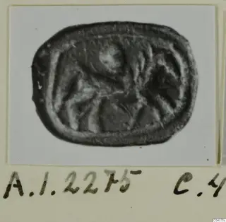 Engraved oval seal or gem, photographed and mounted on a card with handwritten number labels