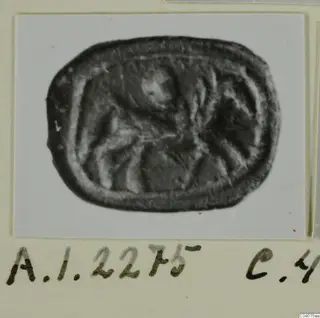 Engraved oval seal from Ayia Irini, dark stone, photographed on a white card mount