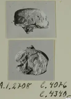 Two photographs of a small, worn, broken stone object from Ayia Irini, shown from two sides.