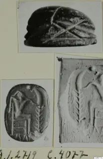 Photo mount with three views of a dark stone scarab seal: domed back and engraved seal faces with seated figures.