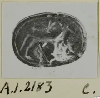 Oval seal or gem with an engraved design, shown on a pale card with a handwritten number label below.