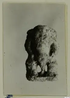 Rough stone object with two holes near its base, photographed on a card mount