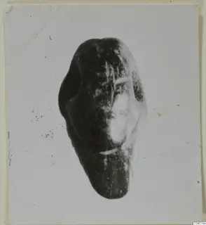 Dark stone object with a rounded, tapering outline, photographed alone against a pale background