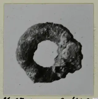 Corroded silver ring-shaped object with a round central hole, from Marion