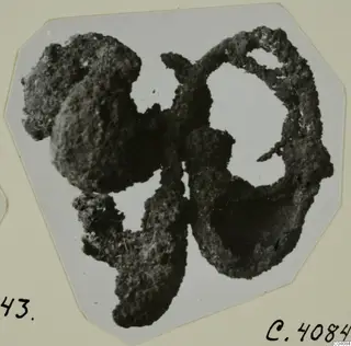 Corroded, encrusted fragments of objects from Marion, shown on a mounted photograph card