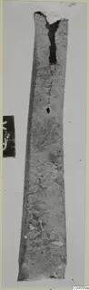 Long, tapering metal strip fragment with a split near its upper end.