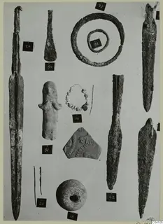 Bronze weapons, tools and small finds from Ayios Iakovos Tomb 14, laid out on a grey backdrop with number labels