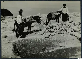 Two men with loaded donkeys beside stone walls during repair work at the palace at Vouni