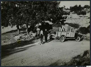Men loading wooden chests onto a lorry on a dirt road under trees at Vouni