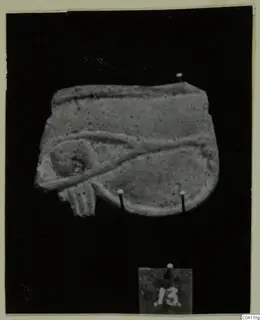 Relief fragment of a pale object pinned to a black background, with a small number label below it.