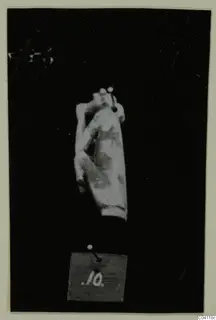 Pale figure fragment with one arm raised to the head, pinned against a black background above a number label