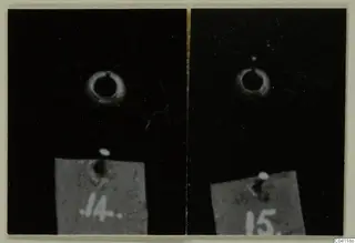 Two small gold rings with loops, each photographed on a black background beside a numbered card label