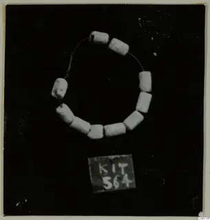 Bracelet of about ten pale cylindrical beads strung on wire, shown on a black background with a number label below.