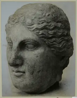 Marble head with wavy hair, face turned toward the viewer's left