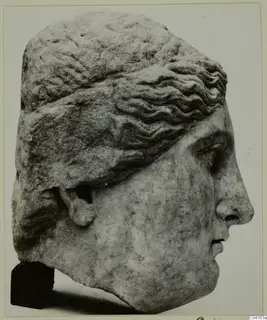 Marble sculpture of a head in profile facing right, with wavy hair carved over the forehead and a roughly worked back