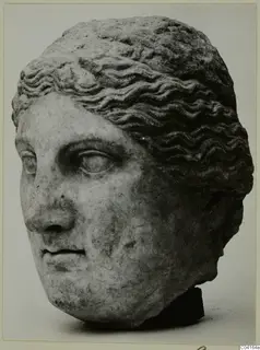 Marble head of a figure with wavy hair, shown in a mounted photograph