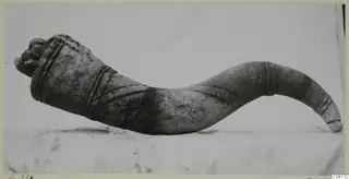 Carved stone sculpture fragment from Soli, curved and banded, photographed in profile on a pale cloth.