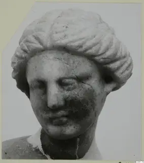 Marble head with wavy hair swept back, the face cracked and the neck broken off, photographed against a pale background.