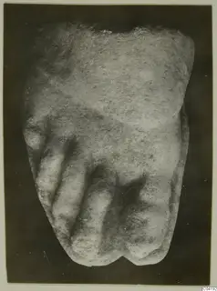 Marble sculpture fragment, possibly a foot with toes, from Soli, photographed against a dark ground