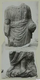 Stone sculpture from Soli: headless draped torso and, below, the lower draped body with feet, in two views.