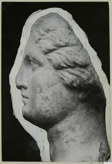 Marble head in profile facing left, with wavy hair swept back from the forehead, against a black background.