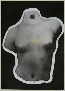 Torso fragment of a marble sculpture, cut out and mounted on black card with a white outline
